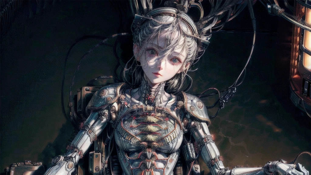 (((masterpiece))), (((Highest quality))), ((Very detailed)), (Highly detailed CG illustrations), ((Very delicate and beautiful)),(Cute and delicate face),Light,((1. Machine Girl)),alone,whole body,(Machine made joints:1.4),((Mechanical Limbs)),(Muscle swelling),(The container is connected to a tube),(Brain in a container:1.3),((Mechanical vertebrae attached to the back)),((Mechanical cervical spine attached to the neck)),((Sitting)),poker face,(Wires and cables attached to head and body:1.5),Small breasts,short hair,(Character Focus),SF,Lying down,Dark shortcuts,Centering shortcuts,A devastated society,alone,