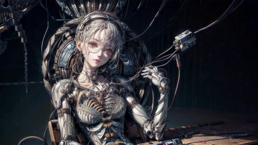 (((masterpiece))), (((Highest quality))), ((Very detailed)), (Highly detailed CG illustrations), ((Very delicate and beautiful)),(Cute and delicate face),Light,((1. Machine Girl)),alone,whole body,(Machine made joints:1.4),((Mechanical Limbs)),(Muscle swelling),(The container is connected to a tube),(Brain in a container:1.3),((Mechanical vertebrae attached to the back)),((Mechanical cervical spine attached to the neck)),((Sitting)),poker face,(Wires and cables attached to head and body:1.5),Small breasts,short hair,(Character Focus),SF,Lying down,Dark shortcuts,Centering shortcuts,A devastated society,alone,