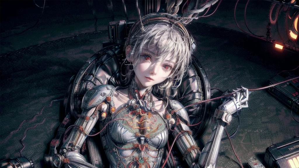 (masterpiece, top quality, best quality, official art, beautiful and aesthetic:1.2), (1girl:1.3), extreme detailed,colorful,highest detailed ((ultra-detailed)), (highly detailed CG illustration), ((an extremely delicate and beautiful)),cinematic light,((1mechanical girl)),solo,full body,((real breasts,real nipples)),(machine made joints:1.2),((mechanical limbs)),(blood vessels connected to tubes),(mechanical vertebra attaching to back),((mechanical cervical attaching to neck)),(fetal position),expressionless,(wires and cables attaching to neck:1.2),(wires and cables on head:1.2)(character focus),science fiction,creepy lab background,(blood:1.5)