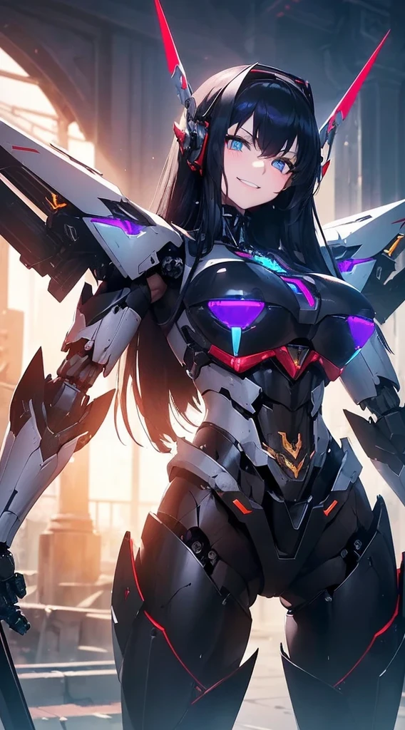 Machine eyes glowing red、evil smile