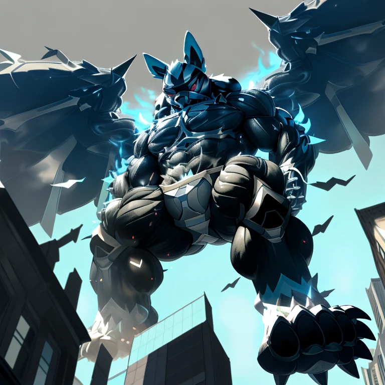 (masterpiece. official art. 8k. best quality. detailed full body. full body.)
A man in stylish armor fights against the magnificent biomechanical LUCARIO.
(situation 1 : ting LUCARIO. focus GIANT mechanical Muscular LUCARIO is trampling the CITY. macro. stomp. Low-angle perspective. emphasizing the immense size. The perspective is from below, emphasizing the sheer majesty and power of the Giant. giant art. He is much bigger than a skyscraper. Giga Giants. micro soccer field. looking down.)

(situation 2 :smoke and flames rising from the destruction in the city)

(Additional details 1: wearing a full-face helmet. helmet is jet black. The color of NANOSUIT is jet black. high-tech bio-mecha armor. real texture material. whole body shines like metal. Wearing cyberpunk mecha. emphasizes the muscles. suit fully made of metal. intricate armor. Robotic suit. suit fully made of metal. NANOSUIT with the same design as LUCARIO.).

(Additional details 2: (Detailed head. Detailed Body. Detailed abs. gigantic muscles. HYPER MUSCLES. Gigachad Muscular. big muscle. pecs. triceps. traps. unusually developed muscular body. body full of huge muscles. showing off muscles. pectorales enormes. Exaggeratedly huge muscles. huge muscles. long legs.).

(Additional details 3: nj5furry, Spread wings. It has wings. black have big wings. The claws are sharp. Sharp teeth.5 toes.). 