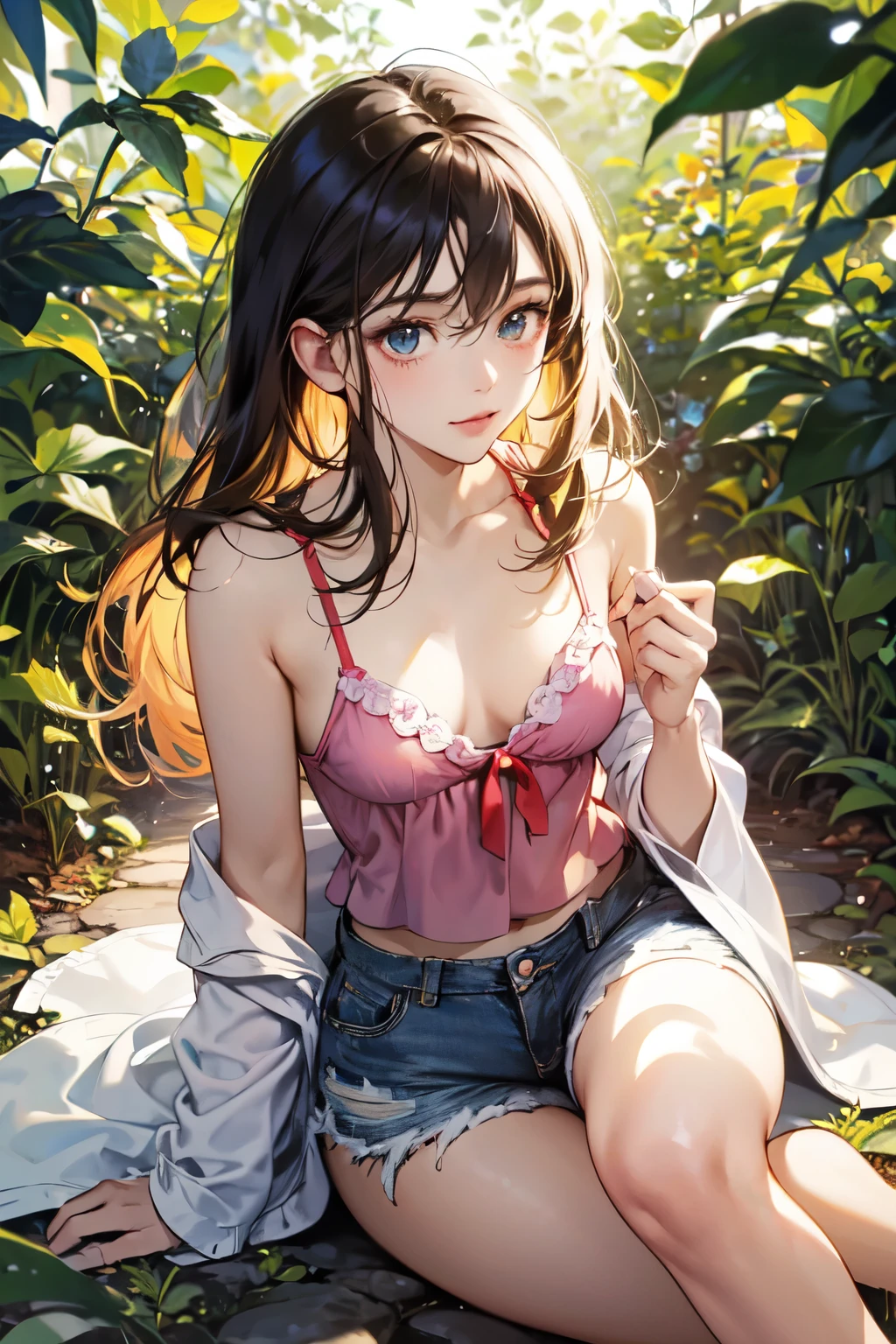 Absurd, Super detailed,Bright colors,(8k:1.3),Masseter region,Beautifully detailed face and eyes, Age 25, Masseter region、camisole、Shorts、Anthropomorphism of tomatoes,Mid-chest、Red skin、Summer Morning、Ghibli,Tomato plantation