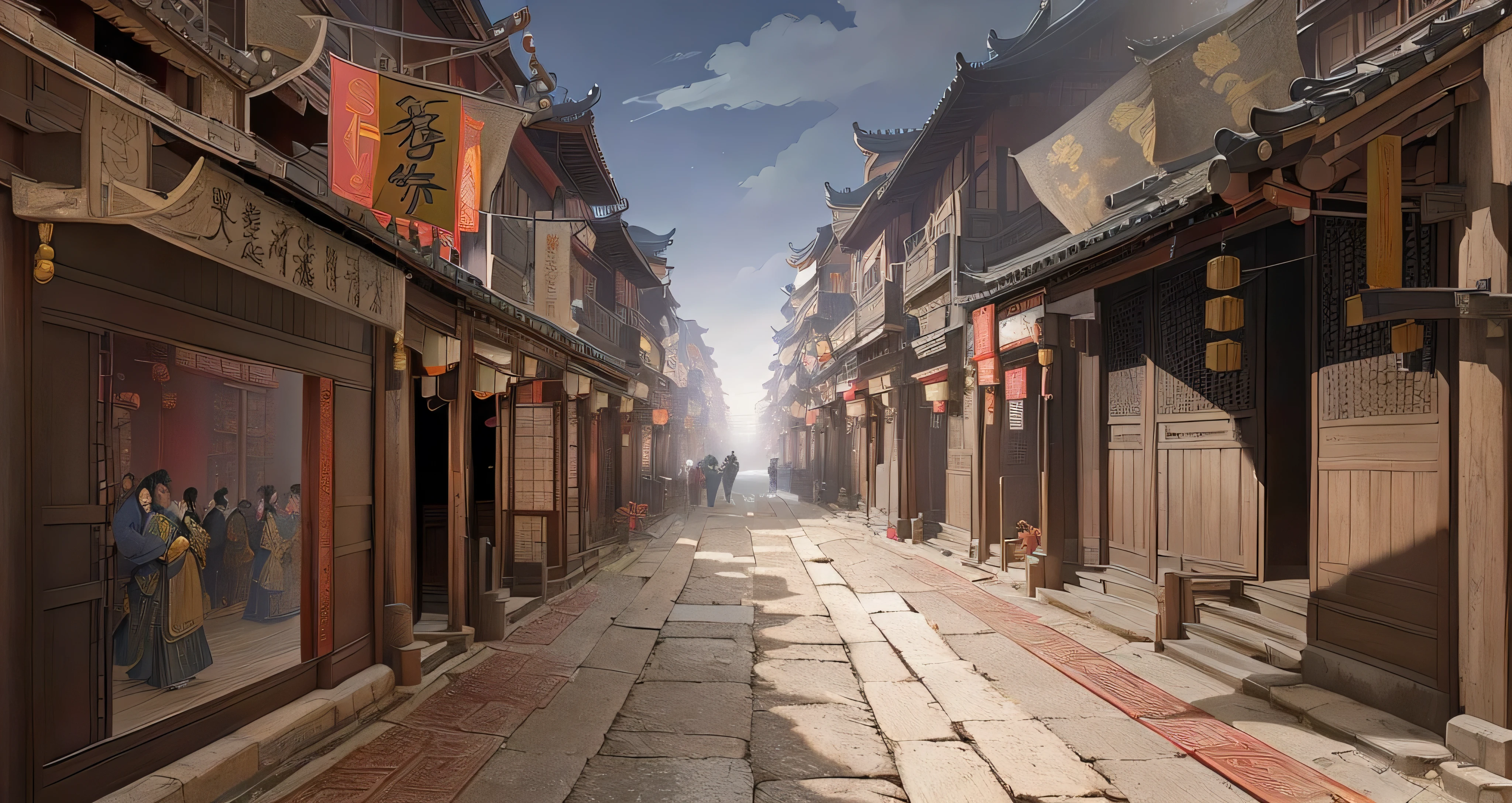There is a painting，The picture shows a street with many buildings, The ancient city streets behind her, Chinese streets, Dreamy Chinatown, Beautiful rendering of the Ming Dynasty, China Town, Traditional Chinese Concept Art, old asian village, Ancient city landscape, China Village, Anime Landscape Concept Art, old Chinese streets market, Dressed in vintage street clothes, China city, Chinese feudal background