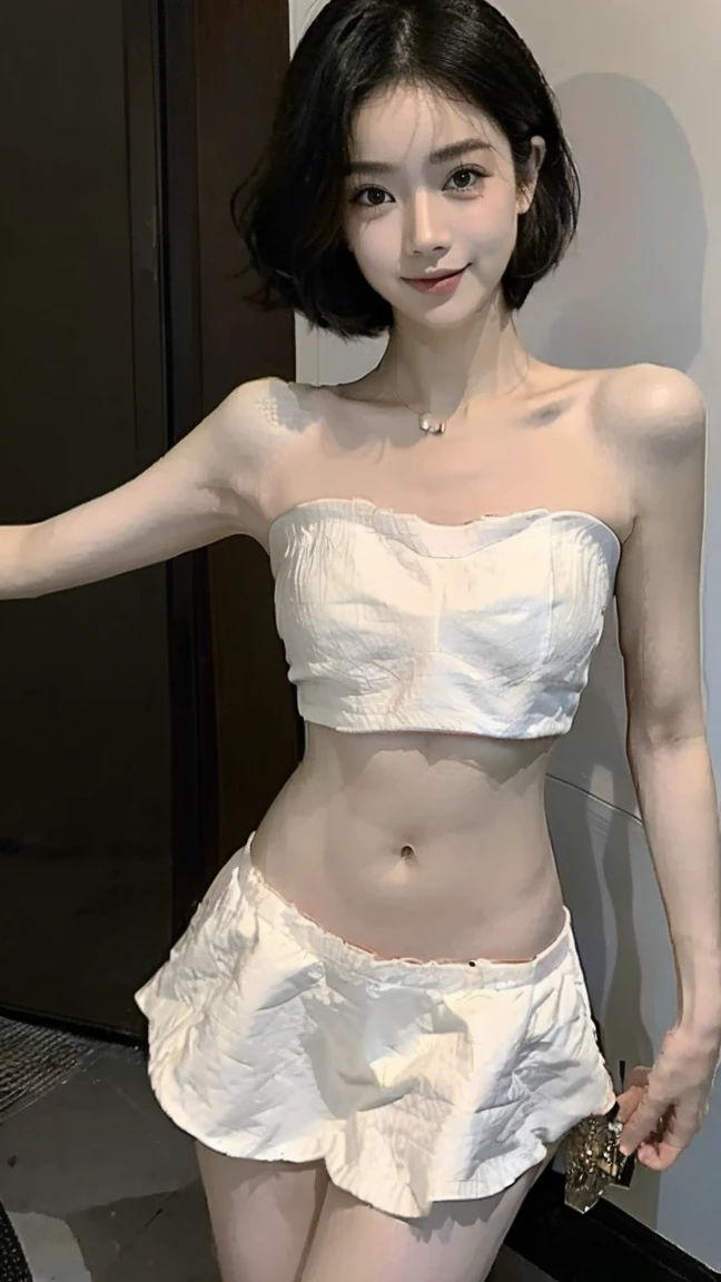 ((Best picture quality, 8ก, Masterpiece:1.3)), 1 woman, Beautiful woman with a slim stomach:1.3,((thong panties)),((White strapless crop top)), Very fine face., Detailed eyes, Double eyelids,smile,suburb,((black short hair))