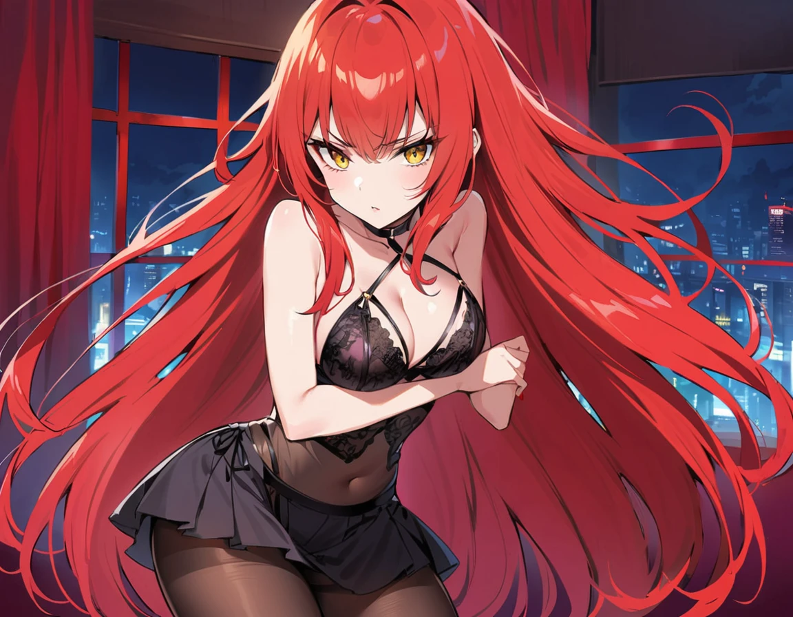 Long red hair, yellow eyes, evil, sexy, black sexy transparent lingerie, seductive, skirt, sexy pose, blood, red room, pantyhose, hands on the , red nails, night, sensual, straigh hair cut, clear skin, evil, young 30 years girl, adult girl, solo, red, very long hair,