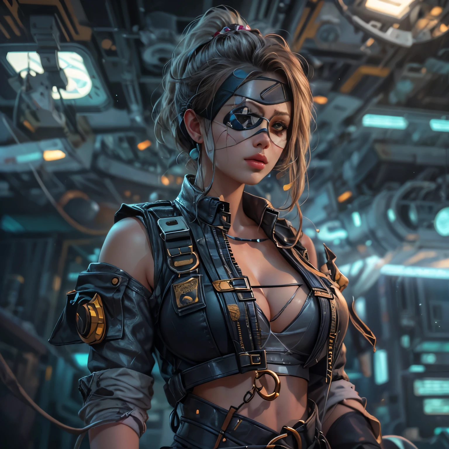 (左目にEye patch:1.7)Beautiful young woman space pirate、Eye patch、Eye patch、eye patch、Dreadlocks、Large Breasts、Spaceship、Barrel、Spaceport、arms、gun、knife、sword、Sensual pose、Provocative pose、Full Body Shot、(Highest quality、4k、8k、High resolution、masterpiece:1.2)、Super detailed、(Real、Photorealistic、Photorealistic:1.37)、Cinematic lighting、Dramatic lighting、Bright colors、Very detailed、SF、cyber punk、Digital Art、mynatalee woman