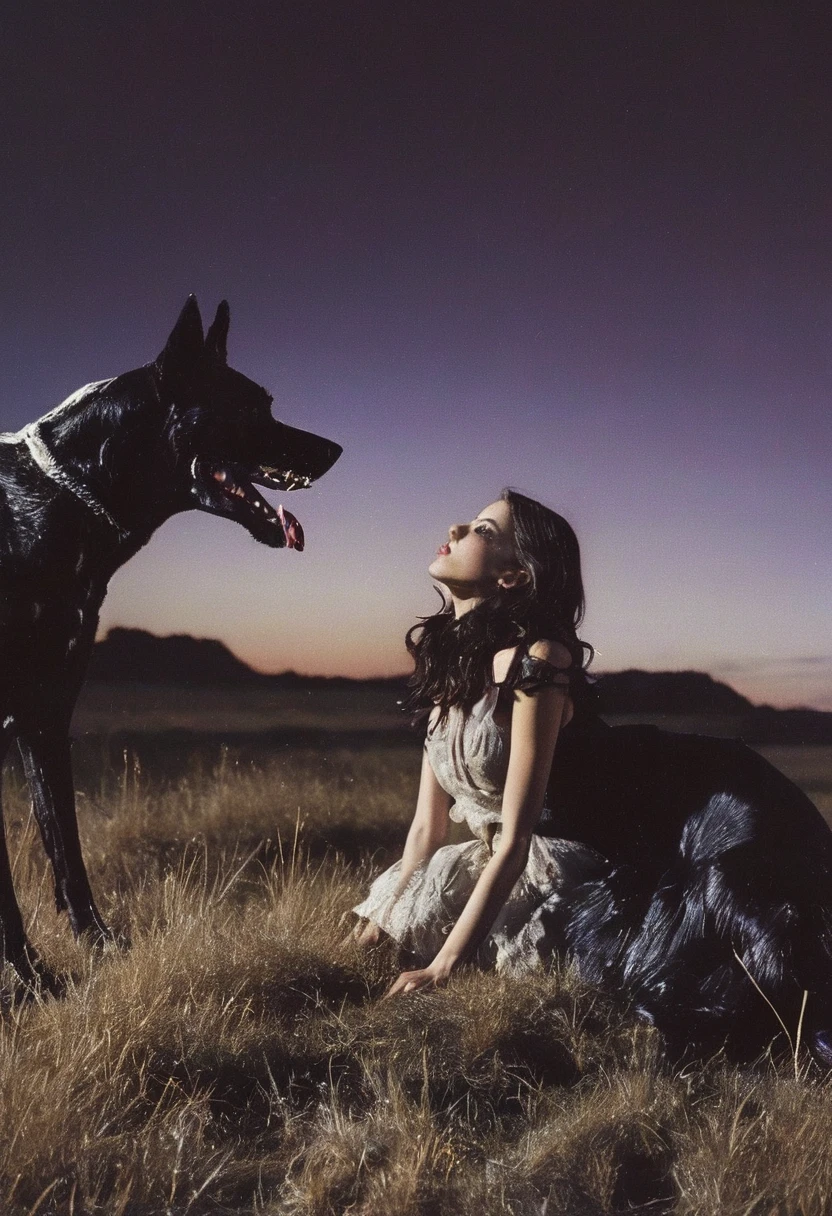 film fashion photography, fashion model with monster dog in front of sunset