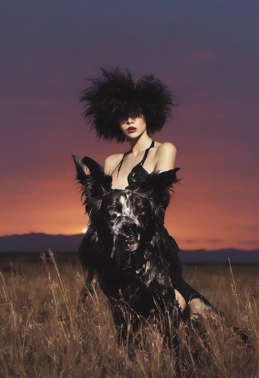 film fashion photography, fashion model with monster dog in front of sunset