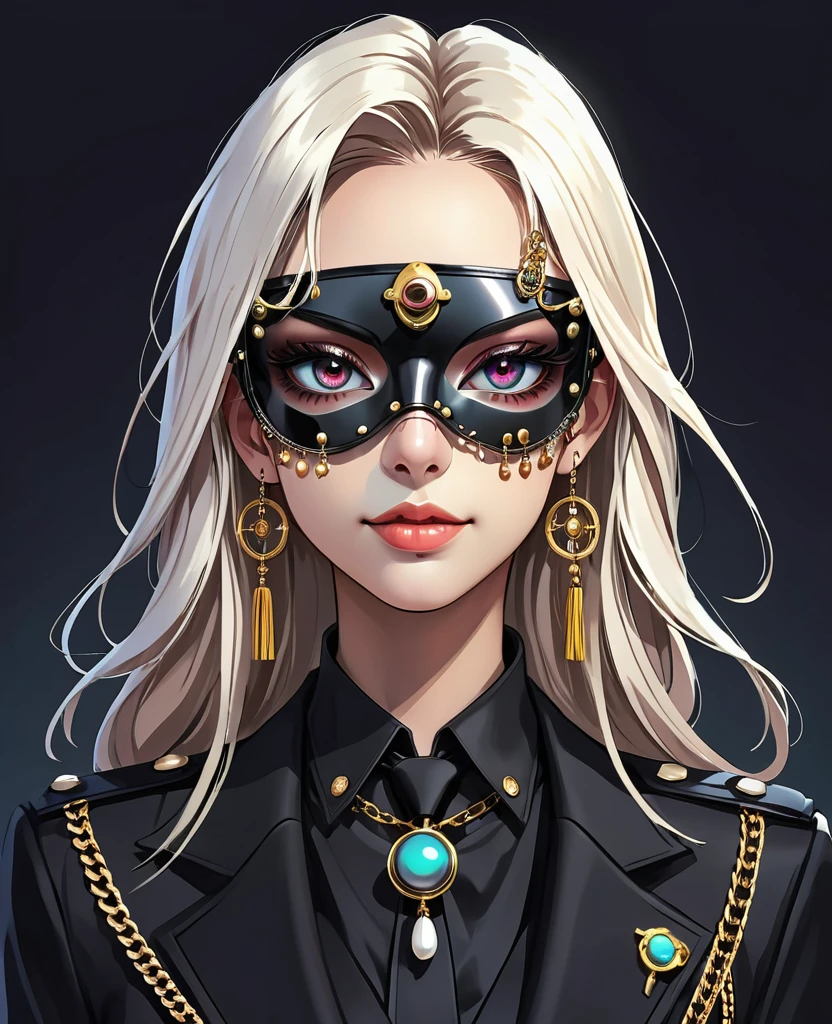 (Digital Illustration,Detailed anime style,Heavy Metal Cyberpunk,Pearl tassel eye mask,Portrait of girl wearing mask eye patch,Solitary,symmetry),(Big colorful eyes,Fashionable and exquisite facial features,Exquisite makeup,Smooth skin,Smile,Soulful gaze,),(Long straight hair,Hairpin),(Black suit,Epaulettes-Chain,cool,),(((Correct human anatomy)))