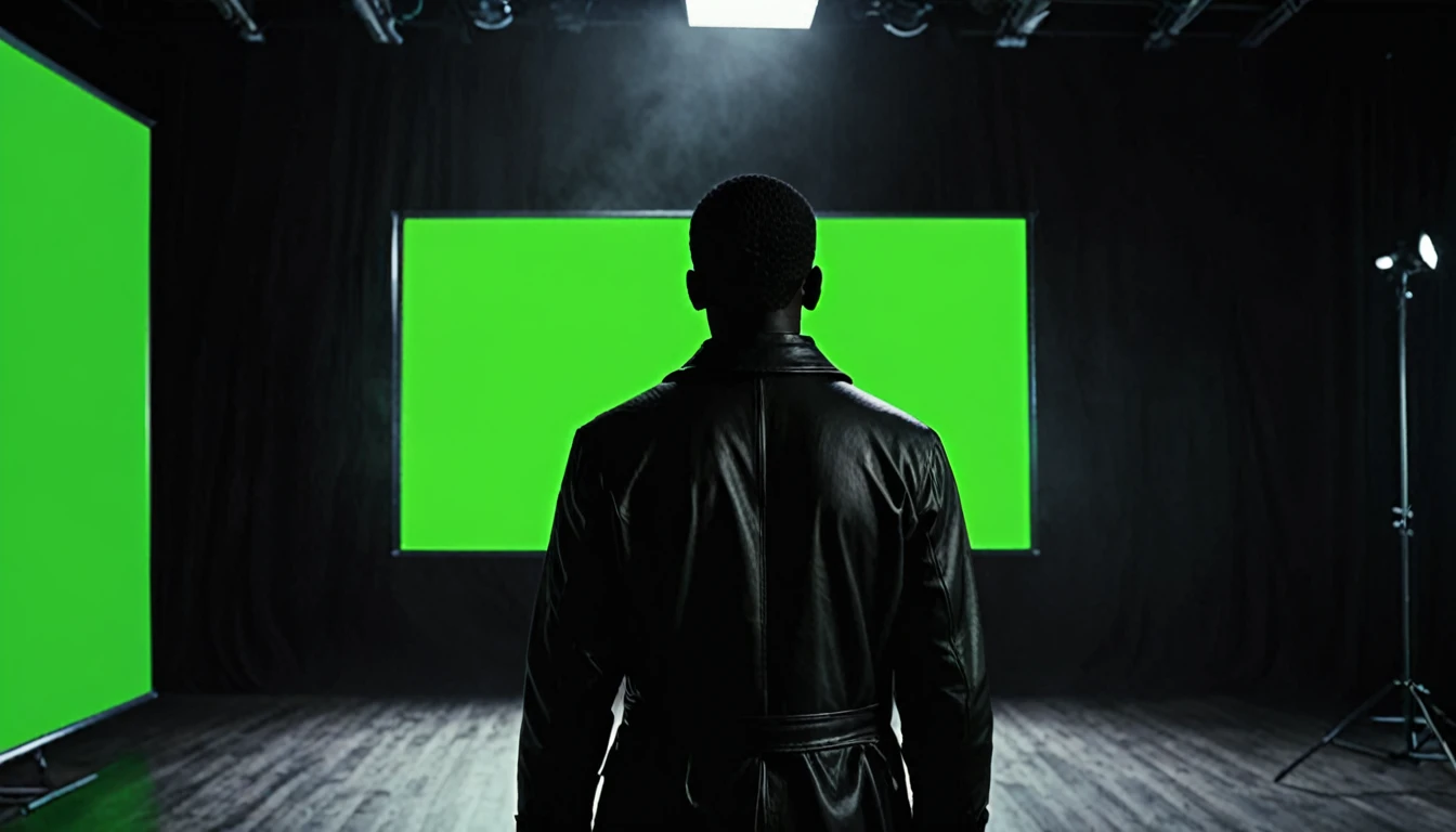 Mysterious dark man back view watching full green screen in TV clearly visible background is very dark mysterious