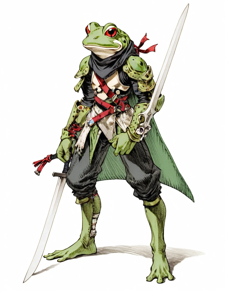 (sketch art, concept art:1.4),(masterpiece rough sketch drawing), best quality, solo closeup, standing frog warrior, green skin, sword  (Akihiko Yoshida Style), high contrast, space theme, grunge, punk rock, waterfall 