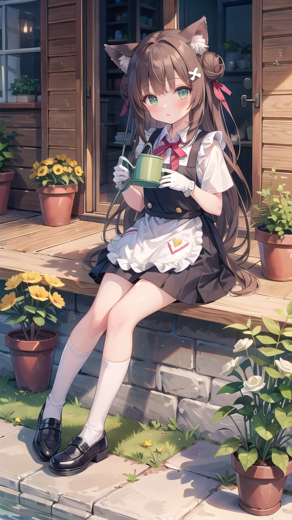 (masterpiece), 1girl, solo, animal, white flower, shirt, animal ears, flower, very long hair, collared shirt, hair bun, socks, long hair, black socks, gloves, green eyes, apron, holding, sitting, hair ornament, blush, parted lips, bangs, looking at viewer, tail, yellow flower, pink footwear, white shirt, animal ear fluff, brown hair, bird, kneehighs, full body, skirt, rose, potted plant, double bun, watering can, hairclip, shoes, grey skirt