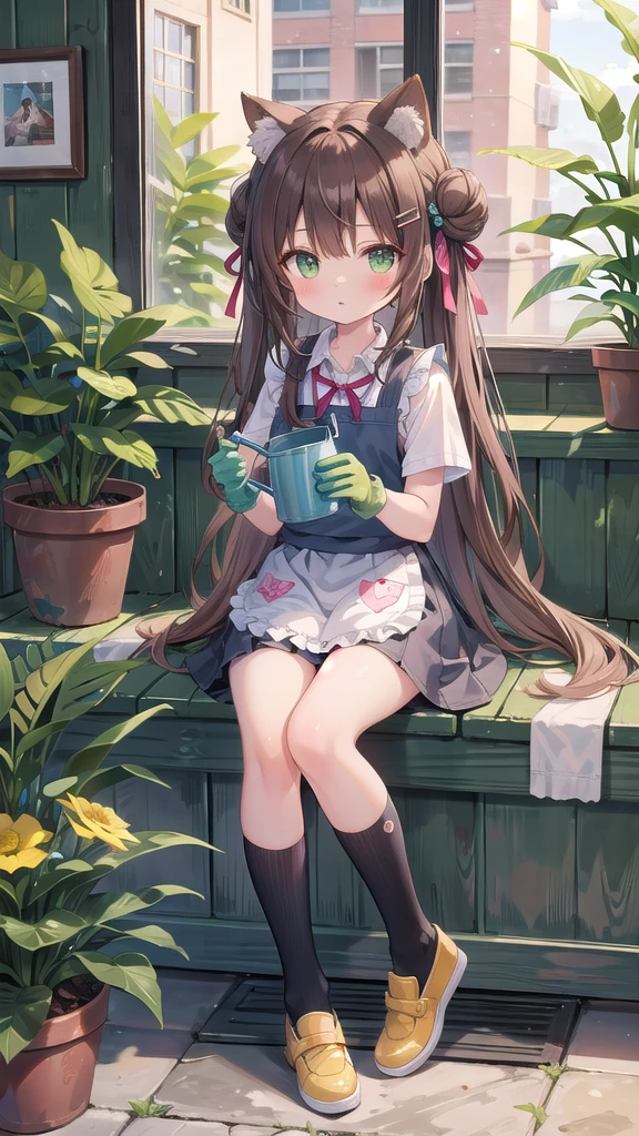 (masterpiece), 1girl, solo, animal, white flower, shirt, animal ears, flower, very long hair, collared shirt, hair bun, socks, long hair, black socks, gloves, green eyes, apron, holding, sitting, hair ornament, blush, parted lips, bangs, looking at viewer, tail, yellow flower, pink footwear, white shirt, animal ear fluff, brown hair, bird, kneehighs, full body, skirt, rose, potted plant, double bun, watering can, hairclip, shoes, grey skirt