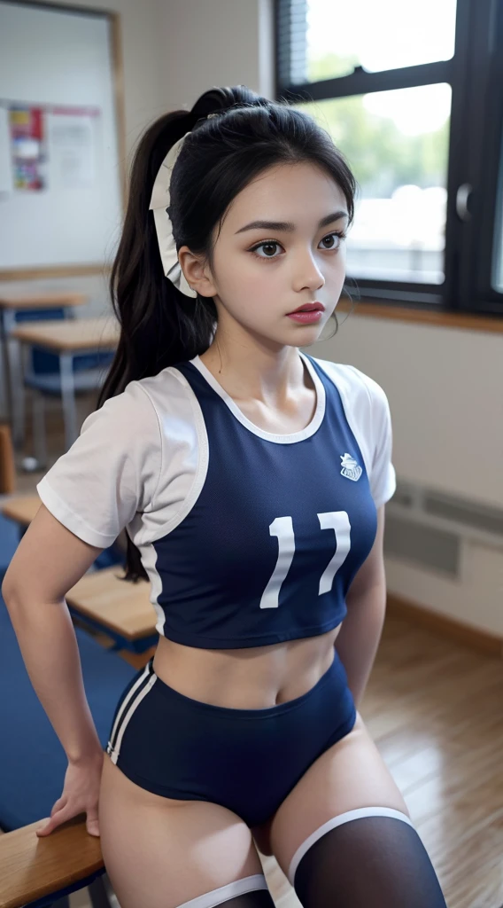 Highest quality、Highest quality、16K quality、Highly detailed figure、Highly detailed face、Highly detailed eyes、Highly detailed nose、Highly detailed facial expressions、Highly detailed full body、Being in reality、-yeld gimain character、white、Short sleeves、Round neck、The school emblem is on the left chest.、Gymnastics uniform T-shirt、Navy blue athletic shorts、Gym shorts、Close to the skin、Tight、16 year oreasts、Full body photo、Are standing、Emphasizes the beauty of thigh muscles、Full body photo、black tights、School classroom、Front view
