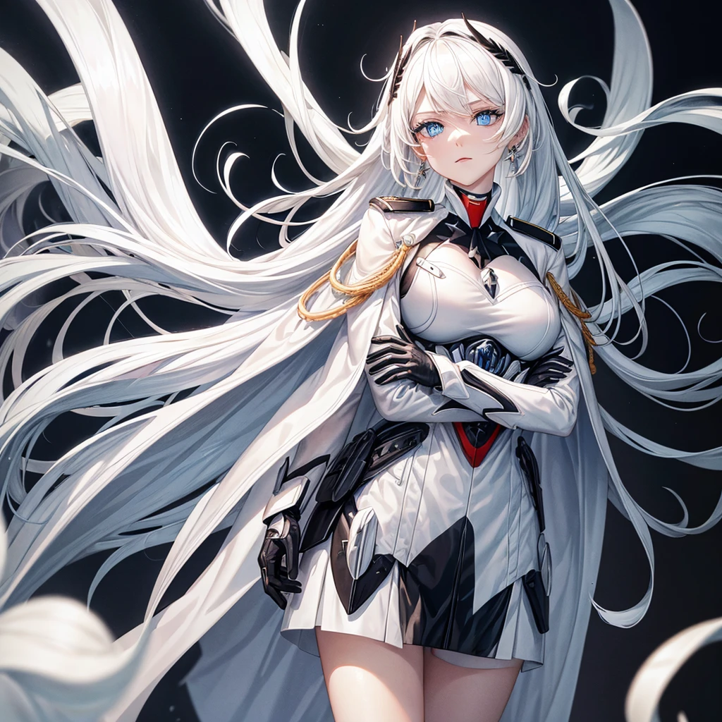 White hair, blue eyes, beautiful female, black military uniform, white leather clothing, white cape, black leather clothing, black gloves, crossed arms