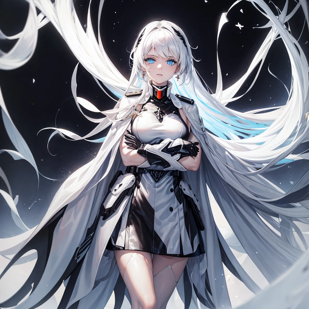 White hair, blue eyes, beautiful female, black military uniform, white leather clothing, white cape, black leather clothing, black gloves, crossed arms