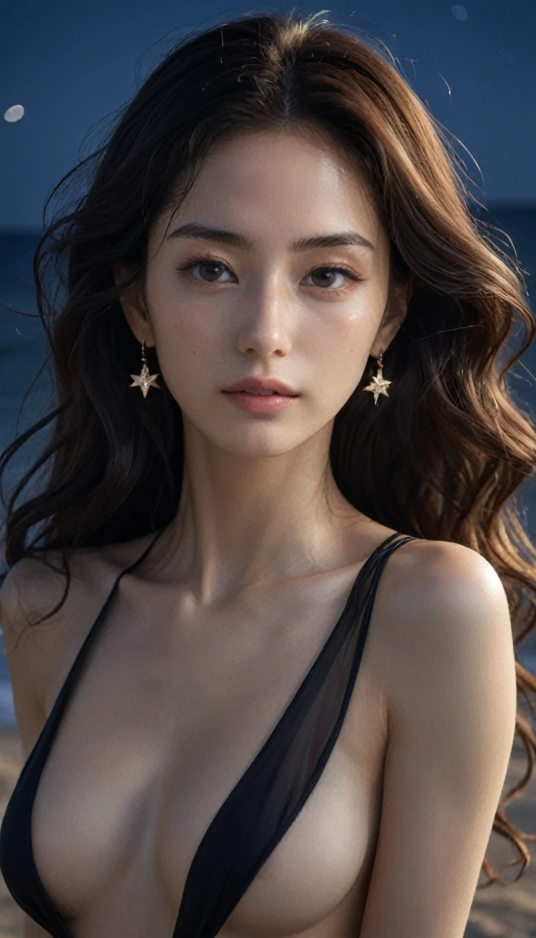 8k, masterpiece, RAW Photos, Highest quality, Realistic, Very detailed, Depth of written boundary, Cinematic Light, Anatomically correct body,
(One elegant beautiful mature woman:1.2),
Wavy black long hair, Very beautiful face, Exquisitely detailed face, Goddess-like deity々Beautiful, Glamorous Body, Very sensitive skin, Transparent white skin, Sexy ass, Sexy thighs,
High leg retard swimsuit, Detailed cloth texture, Gorgeous necklace, Gorgeous earrings,
Starry sky background, Dark sandy beach at night, Pitch black sea surface,