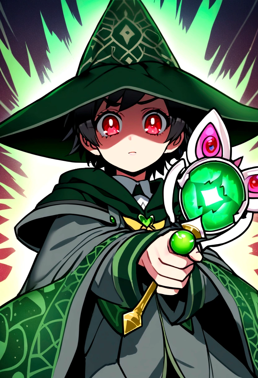 a magical girl with healing powers, red eyes, short black hair like a boy, wearing a black and green magical academic uniform with a wizard's hat and a large wand in her hand, wearing a cool black magic robe with green patterns, psychopet, sadist, cruel, beautiful