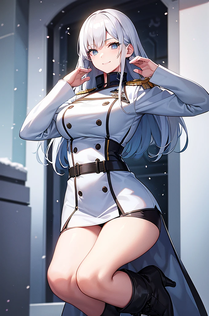 Content:
An anime woman in a military uniform. She has light blue eyes, white hair that ends halfway down her back, and knee-high military boots. She wears a confident smile, looking very mature, with her hands on her hips.

Medium:
Digital art, anime illustration.

Style:
Pixiv contest winner, fine art, with elements inspired by historical military aesthetics and anime character design.

Lighting:
Dramatic, with strong contrasts to highlight her authoritative presence and the details of her uniform. Subtle shadows to add depth and realism.

Colours:
A palette dominated by military greens, blacks, and silvers, with the light blue of her eyes and white of her hair standing out against the darker tones of her uniform.

Composition:
A full body shot with a 50mm lens. The background is a snowy scene, as if a blizzard is happening behind her. She salutes to the camera, showcasing her confidence and authority.