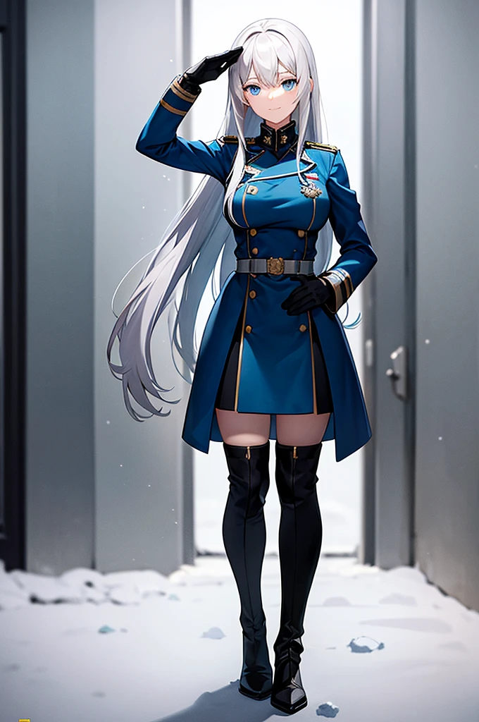 Content:
An anime woman in a military uniform. She has light blue eyes, white hair that ends halfway down her back, and knee-high military boots. She wears a confident smile, looking very mature, with her hands on her hips.

Medium:
Digital art, anime illustration.

Style:
Pixiv contest winner, fine art, with elements inspired by historical military aesthetics and anime character design.

Lighting:
Dramatic, with strong contrasts to highlight her authoritative presence and the details of her uniform. Subtle shadows to add depth and realism.

Colours:
A palette dominated by military greens, blacks, and silvers, with the light blue of her eyes and white of her hair standing out against the darker tones of her uniform.

Composition:
A full body shot with a 50mm lens. The background is a snowy scene, as if a blizzard is happening behind her. She salutes to the camera, showcasing her confidence and authority.