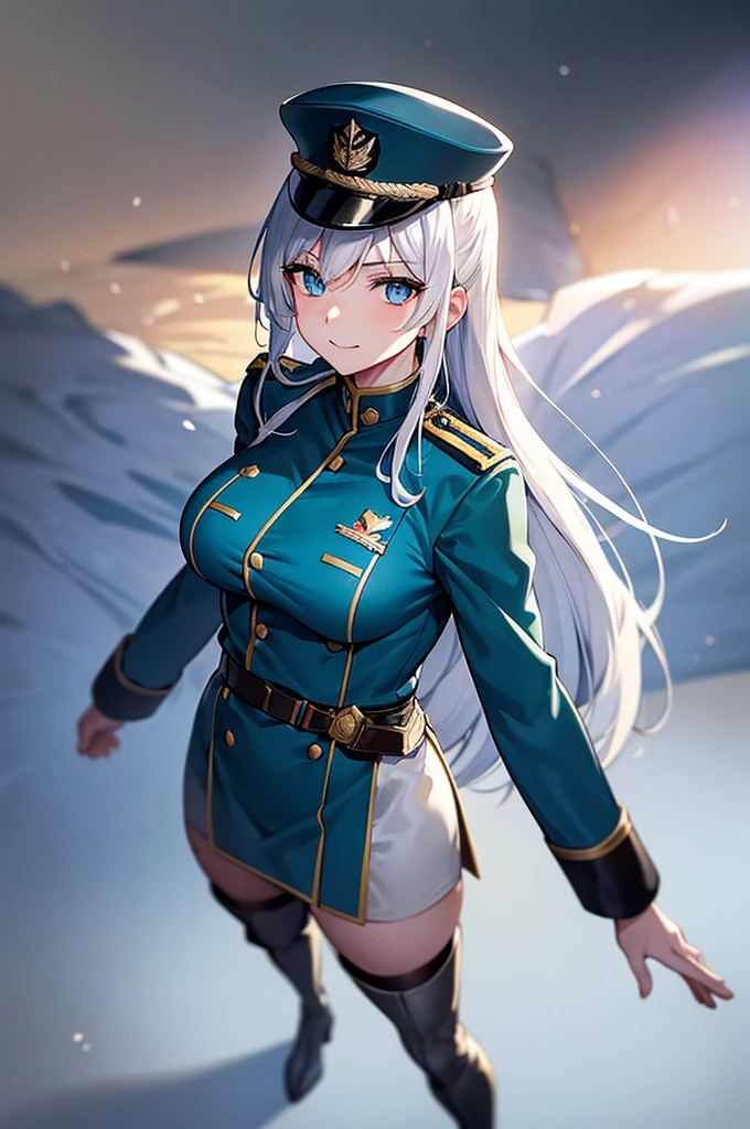 Content:
An anime woman in a military uniform. She has light blue eyes, white hair that ends halfway down her back, and knee-high military boots. She wears a confident smile, looking very mature, with her hands on her hips.

Medium:
Digital art, anime illustration.

Style:
Pixiv contest winner, fine art, with elements inspired by historical military aesthetics and anime character design.

Lighting:
Dramatic, with strong contrasts to highlight her authoritative presence and the details of her uniform. Subtle shadows to add depth and realism.

Colours:
A palette dominated by military greens, blacks, and silvers, with the light blue of her eyes and white of her hair standing out against the darker tones of her uniform.

Composition:
A full body shot with a 50mm lens. The background is a snowy scene, as if a blizzard is happening behind her. She salutes to the camera, showcasing her confidence and authority.