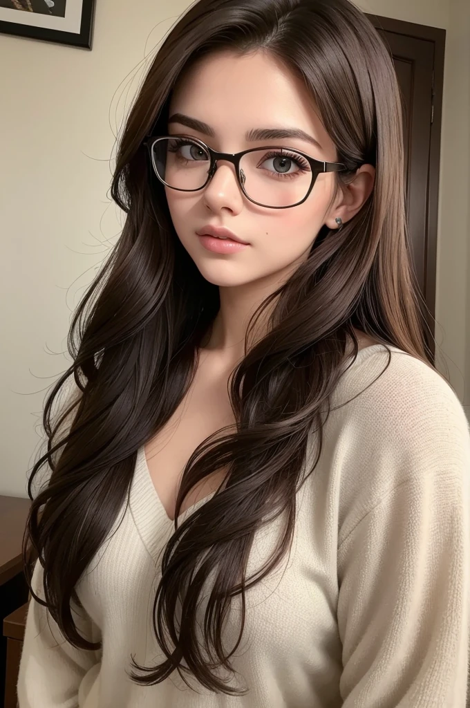 ((best quality)), ((masterpiece)), (detailed), perfect face uma mulher de 20 anos, cabelos longos, Dark brown hair color Wears prescription glasses 