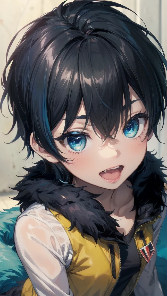 Close-up of a cartoon girl with blue hair and a yellow shirt, 2D Animation, 2D Animation style, 2D Art, 2D Art, 2D from Gorillaz, 2D from Gorillaz, 2D Gorillaz, Screaming Cerket, 2D Sprites, Jinx Face, short hair, Small breasts, hot pants, ((Black Hair, Bright blue fur inside:1.4))