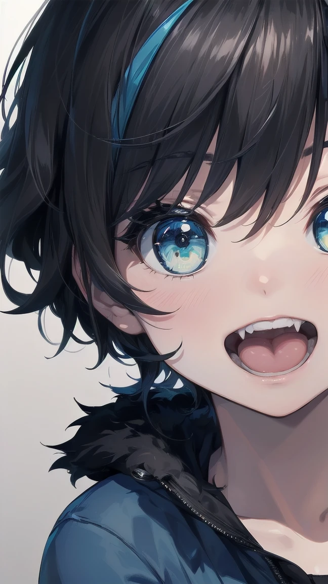 Close-up of a cartoon girl with blue hair and a yellow shirt, 2D Animation, 2D Animation style, 2D Art, 2D Art, 2D from Gorillaz, 2D from Gorillaz, 2D Gorillaz, Screaming Cerket, 2D Sprites, Jinx Face, short hair, Small breasts, hot pants, ((Black Hair, Bright blue fur inside:1.4))