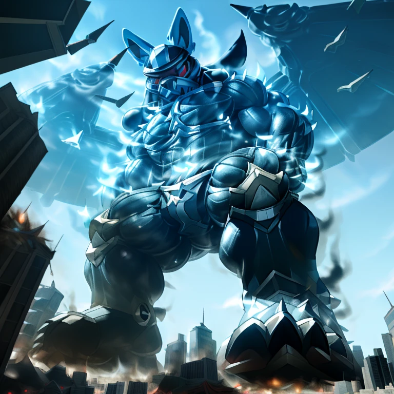 (masterpiece. official art. 8k. best quality. detailed full body. full body.)
A man in stylish armor fights against the magnificent biomechanical LUCARIO.
(situation 1 : dominating LUCARIO. focus GIANT mechanical Muscular LUCARIO is trampling the CITY. macro. stomp. Low-angle perspective. emphasizing the immense size. The perspective is from below, emphasizing the sheer majesty and power of the Giant. giant art. He is much bigger than a skyscraper. Giga Giants. micro soccer field. looking down.)
(situation 2 :smoke and flames rising from the destruction in the city)
(Additional details 1: wearing a full-face helmet. helmet is jet black. The color of NANOSUIT is jet black. high-tech bio-mecha armor. real texture material. whole body shines like metal. Wearing cyberpunk mecha. emphasizes the muscles. suit fully made of metal. intricate armor. Robotic suit. suit fully made of metal. NANOSUIT with the same design as LUCARIO.).
(Additional details 2: (Detailed head. Detailed Body. Detailed abs. gigantic muscles. HYPER MUSCLES. Gigachad Muscular. big muscle. pecs. triceps. traps. unusually developed muscular body. body full of huge muscles. showing off muscles. pectorales enormes. Exaggeratedly huge muscles. huge muscles. long legs.).
(Additional details 3: nj5furry, Spread wings. It has wings. black have big wings. The claws are sharp. Sharp teeth.5 toes.).