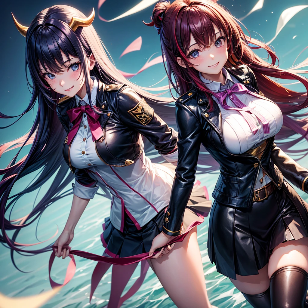 best quality，8K，masterpiece，beautiful girlゲーム，smile，two girls，One side turns its butt forward，smile，beautiful girl，leather jacket，Latest Fashion，One of them has their butt facing forward，beautiful girl，costume，light-novel，Isekai Fantasy，Magical girl，big breasts，Future fashion，uniform，blazer，mini skirt，horny girl，Ribbon on uniform，Outstanding style，multicolored clothes，Beautiful girl with psychic powers，long hair，Multicolored hair colors，highest quality，perfect face，hyper real stick，perfect girl，
