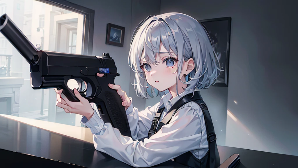 ((Highest quality、8k、masterpiece:1.3))、Dark Room、One Woman、Gray Hair、tears、He has a gun