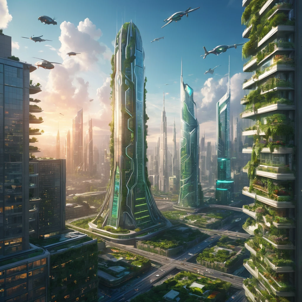 Create an incredibly amazing and fantastical image inspired by "Artstation Trending." Imagine a stunning, futuristic cityscape set during the golden hour, where the setting sun casts a warm, glowing light over the entire scene. The city is a blend of cutting-edge technology and lush, green spaces, creating a harmonious balance between nature and urban innovation.
In the foreground, a group of diverse characters—each with distinct, stylish futuristic attire—are engaged in dynamic activities. One character might be a cybernetic warrior, their sleek armor reflecting the light as they leap between buildings. Another character could be a skilled hacker, surrounded by holographic screens and data streams as they manipulate information. A third character could be an artist, using a digital brush to paint vibrant, animated murals on the side of a building.
The architecture of the city features towering skyscrapers with organic shapes, covered in vertical gardens and adorned with neon lights. Hovering vehicles and drones zip through the air, creating a sense of bustling energy. In the background, a massive, glowing structure—perhaps a futuristic temple or a research facility—dominates the skyline, symbolizing the city's advancement and creativity.
The color palette should be rich and diverse, with the warm tones of the sunset blending seamlessly with the cool blues and greens of the technology and nature. Use detailed, dynamic lines to capture the intricate designs of the characters and the vibrant energy of the city.
The entire image should evoke a sense of wonder, innovation, and the limitless possibilities of the future, capturing the essence of Artstation's trending themes and creating a truly unique and captivating masterpiece.
