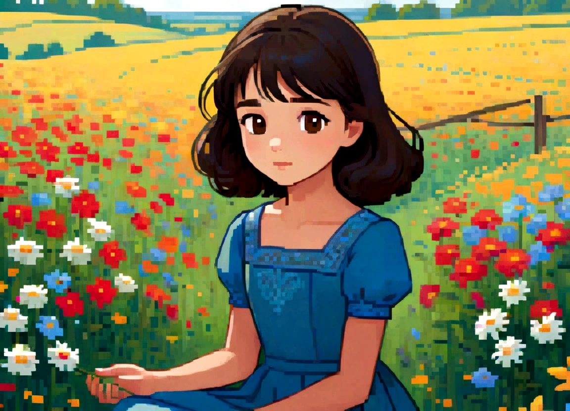 A girl with dark brown hair, brown eyes, blue dress, sitting in a field full of flowers, looking at a flower that she holds in her hands. cartoon-like style: Madeline