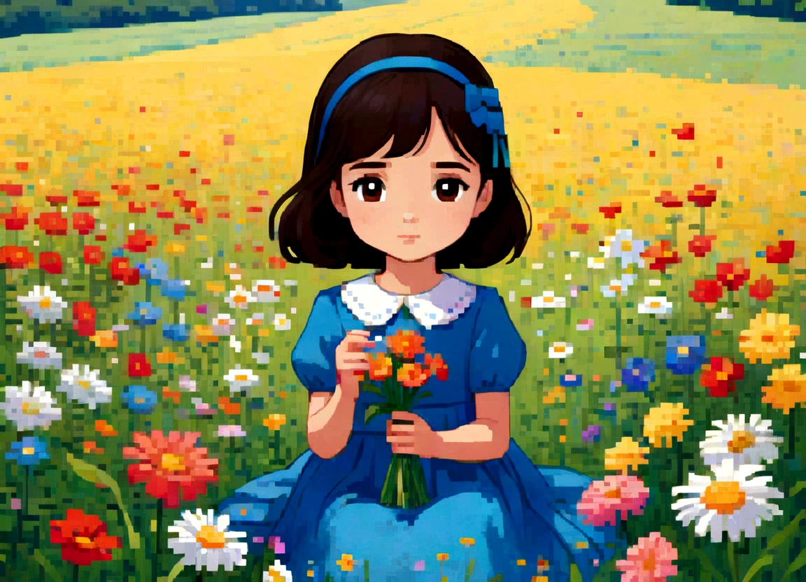 a small girl with brown hair, brown eyes, blue long-sleeved dress, sitting in a field of white flowers
