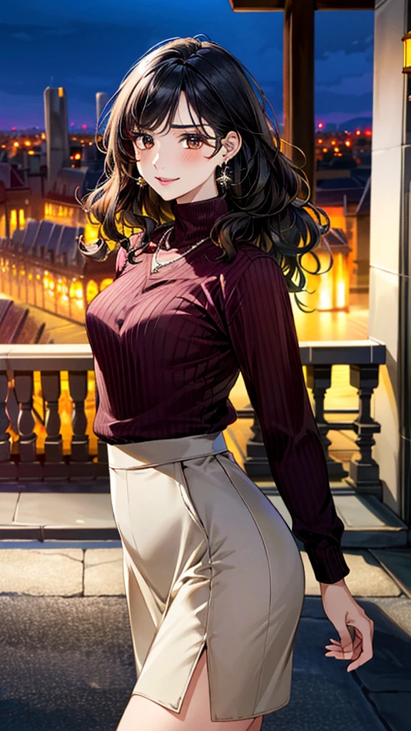 (masterpiece:1.3, Highest quality, Ultra-high resolution, Super detailed), (Realistic, photoRealistic:1.4)(Highest quality, masterpiece:1.2), Perfect lighting, colorful, Written boundary depth, (Face Focus, )
Beautiful detailed hair, Beautifully detailed face, Beautiful fine details, Beautiful clavicle, Beautiful body, 美しいLarge Breasts, Beautiful thighs, Beautiful feet, Beautiful fingers,
View Viewer、Front view:0.6, Beauty1人, Japanese, Beauty、30 years old, Perfect Face, (Perfect Anatomy, Anatomically correct), Cute and symmetrical face, Baby Face, , Shiny skin,
((Bordeaux sweater:1.4)),((Brown long skirt 1.5))
(Black Hair, Medium Wavy Hair:1.4), Dark brown eyes, (Large Breasts), Slim body,
necklace, (Small earrings:1.3),
(Beautiful views), (night), (city, cityscape in the distance), Standing with good posture, A soft smile、(Smile, Lips parted),