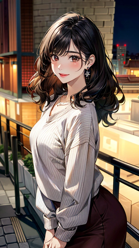 (masterpiece:1.3, Highest quality, Ultra-high resolution, Super detailed), (Realistic, photoRealistic:1.4)(Highest quality, masterpiece:1.2), Perfect lighting, colorful, Written boundary depth, (Face Focus, )
Beautiful detailed hair, Beautifully detailed face, Beautiful fine details, Beautiful clavicle, Beautiful body, 美しいLarge Breasts, Beautiful thighs, Beautiful feet, Beautiful fingers,
View Viewer、Front view:0.6, Beauty1人, Japanese, Beauty、30 years old, Perfect Face, (Perfect Anatomy, Anatomically correct), Cute and symmetrical face, Baby Face, , Shiny skin,
((Bordeaux sweater:1.4)),((Brown long skirt 1.5))
(Black Hair, Medium Wavy Hair:1.4), Dark brown eyes, (Large Breasts), Slim body,
necklace, (Small earrings:1.3),
(Beautiful views), (night), (city, cityscape in the distance), Standing with good posture, A soft smile、(Smile, Lips parted),