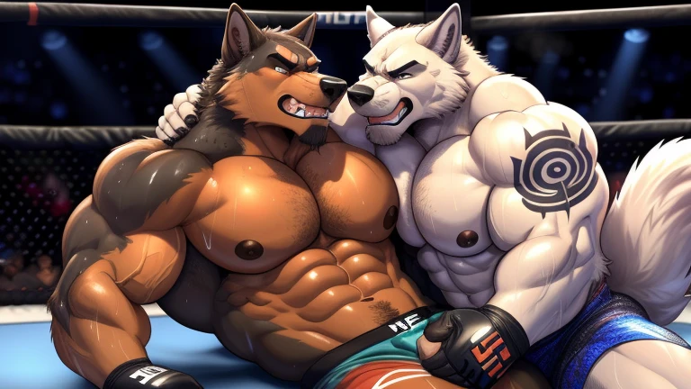 Duo male(Brown Wolf vs Black Wolf, handsomes, Thick eyebrows), gay(Lying down, body on body pressed, cuddling embraced from behind, Body frottage, face to face, on a UFC match), hot(Shirtless), handsomes(They are handsomes, correct anatomy), musculosos(Big muscle bodies, Six packs, muscle abs, big pecs, muscle backs, muscle legs), sweaty(very sweaty wet bodies, shiny sweat), tatuajes(they have tattoos), Angry(Both have an angry expression, growling, steaming breath), UFC gloves(They both are wearing red UFC gloves), UFC boxers(They both are wearing boxers), Hight resolution, by(Zourik:1.1)