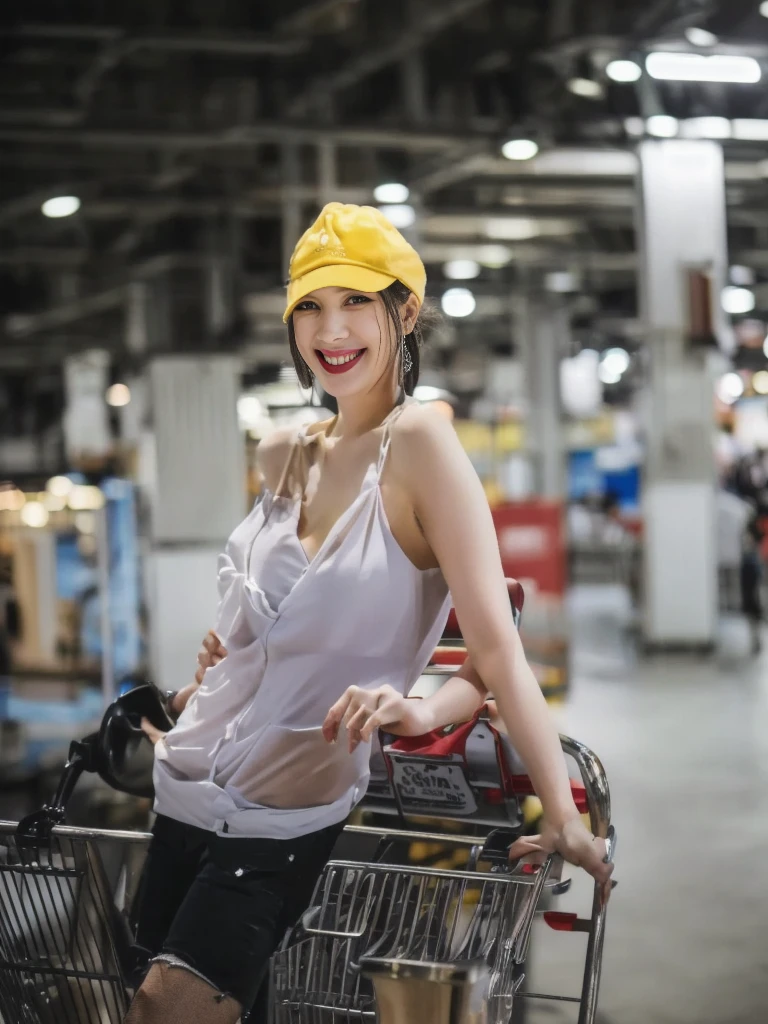 The Araffe woman had a fake smile. on the face standing next to a shopping cart,Wear a single strap for a sexy look., thick, Mall parking building, Female model, 2 4 years old, She has a cute face., ปรากฏตัวin the department store, Better known as Amaranth., She is smiling, Crazy smile, Trending at cgstation, at the department store, in the department store