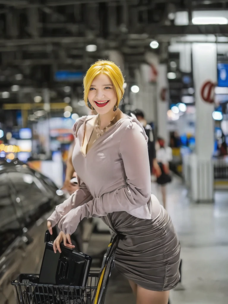 The Araffe woman had a fake smile. on the face standing next to a shopping cart,Wear a single strap for a sexy look., thick, Mall parking building, Female model, 2 4 years old, She has a cute face., ปรากฏตัวin the department store, Better known as Amaranth., She is smiling, Crazy smile, Trending at cgstation, at the department store, in the department store
