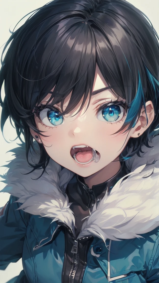 Close-up of a cartoon girl with blue hair and a yellow shirt, 2D Animation, 2D Animation style, 2D Art, 2D Art, 2D from Gorillaz, 2D from Gorillaz, 2D Gorillaz, Screaming Cerket, 2D Sprites, Jinx Face, short hair, Small breasts, hot pants, ((Black Hair, Bright blue fur inside:1.4))