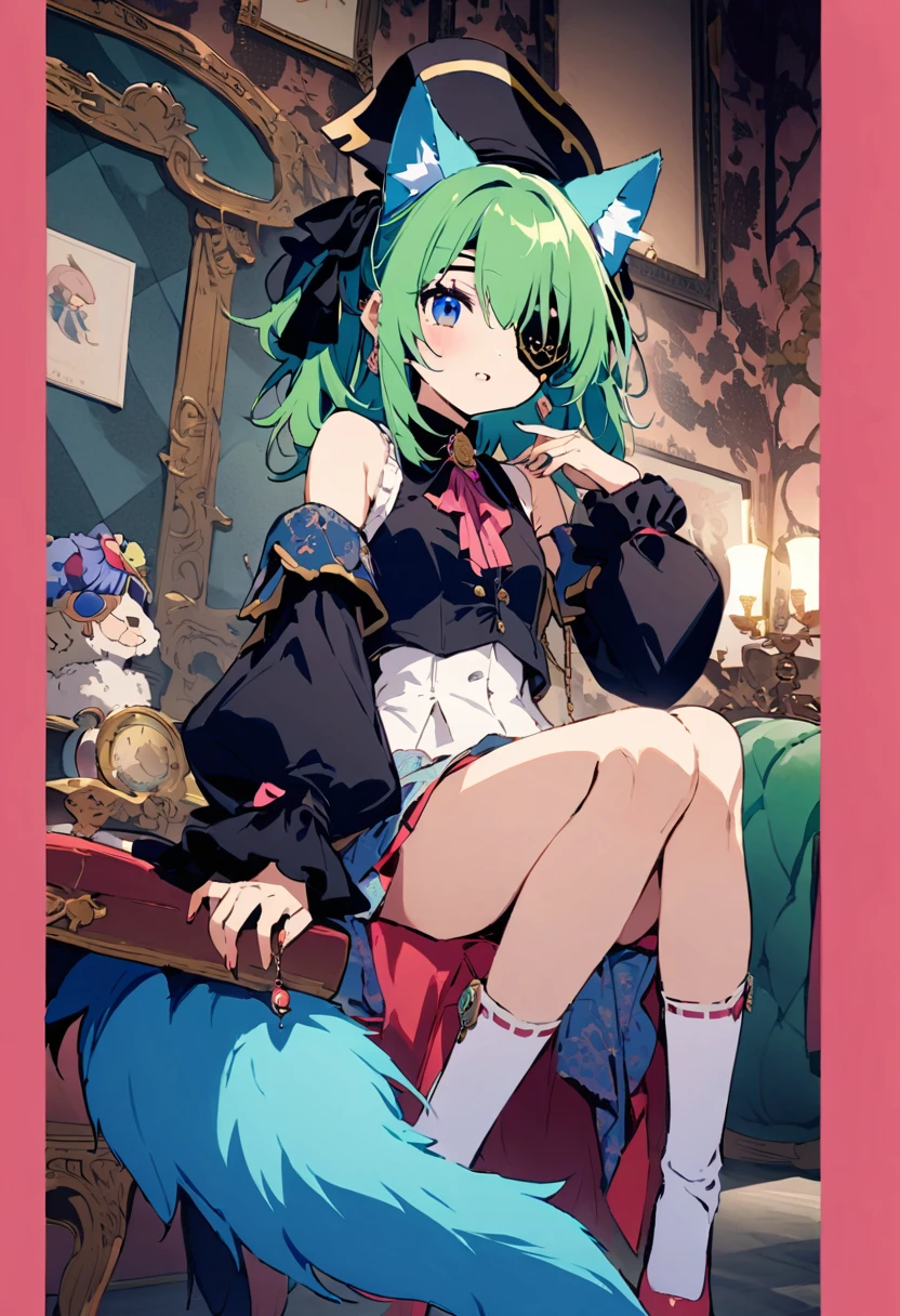 ((Back view:1.1)),masterpiece, Highest quality, Illustration of the novel, High resolution, 18+ Adult content, Sensual, Intimate, Emotional, Passionate, romantic, sweet, Adorable, Innocent, Pure, Charmな, Charmな, Charm, mysterious, Charmな, Charmな, Immersive, Charmな, dream-like, Surreal, Imaginative, Whimsical, Artistic, Avant-garde, timeless, elegant, Sophisticated, chic, Sophisticated, personality, original, Charmな,One Girl,Deltamon_beta, alone, blue eyes, Knee socks, Animal ears, Expose your shoulders, Blue Tail, Earrings,Removable sleeves, Green Hair, Sleeveless, Cat ear, bag, white Knee socks, Cat&#39;tail,pink backpack,Pink school bag,Lavender lace: Lavender Peter Pan collar lace dress, Paired with ivory tights and Mary Jane shoes.,Cherry-blossom viewing, azalea, satsuki, azalea blizzard,
rest ((Loli Pirate:1.3)),((Eye patch:1.3))、