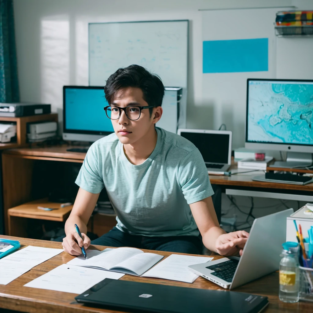 Man, age-25, wear glasses, in contenr creation room, with a laptop