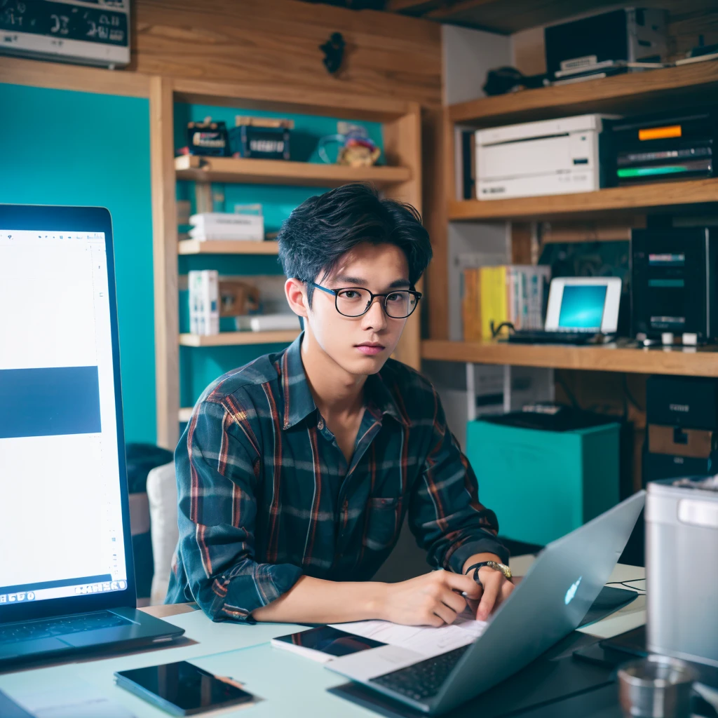 Man, age-25, wear glasses, in contenr creation room, with a laptop