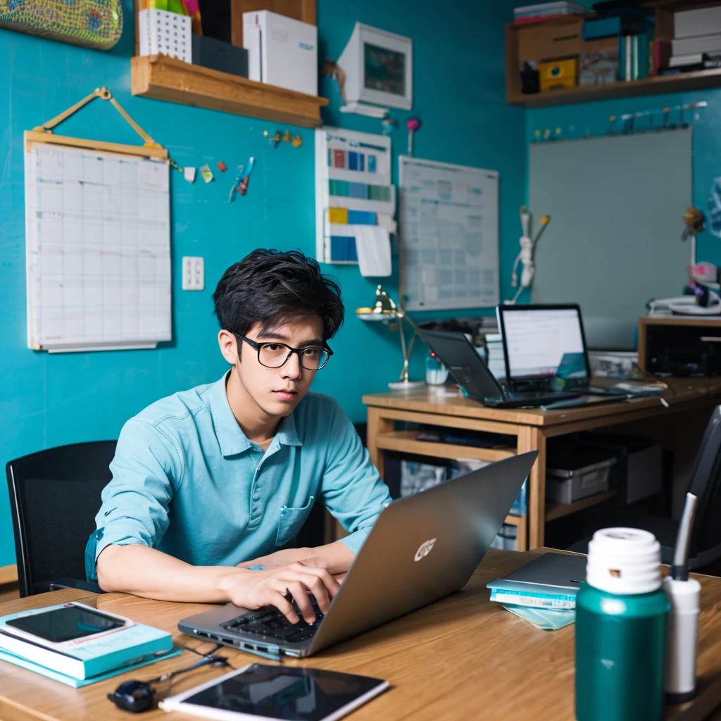Man, age-25, wear glasses, in contenr creation room, with a laptop
