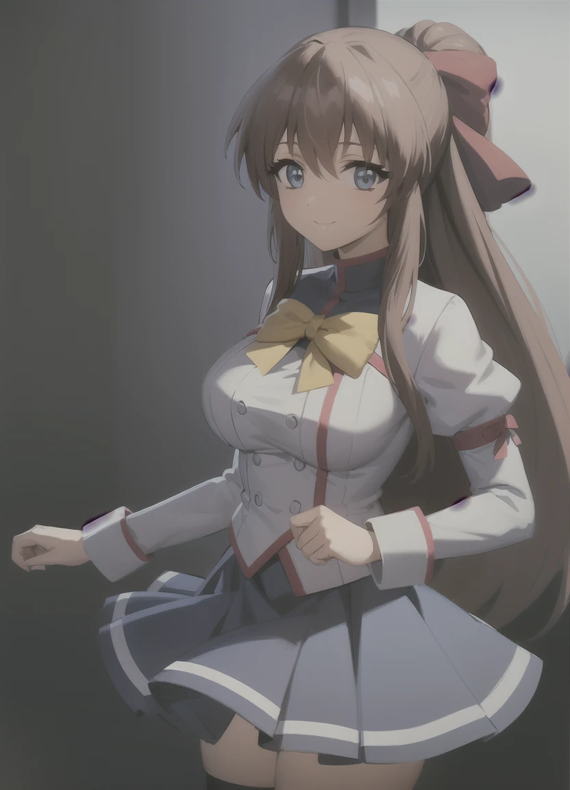 Aoikan, One girl, alone, Hair Ribbon, , Long sleeve, bow tie, Blue Skirt, White knee socks, View your viewers, smile, Abstract background, Cowboy Shot, 