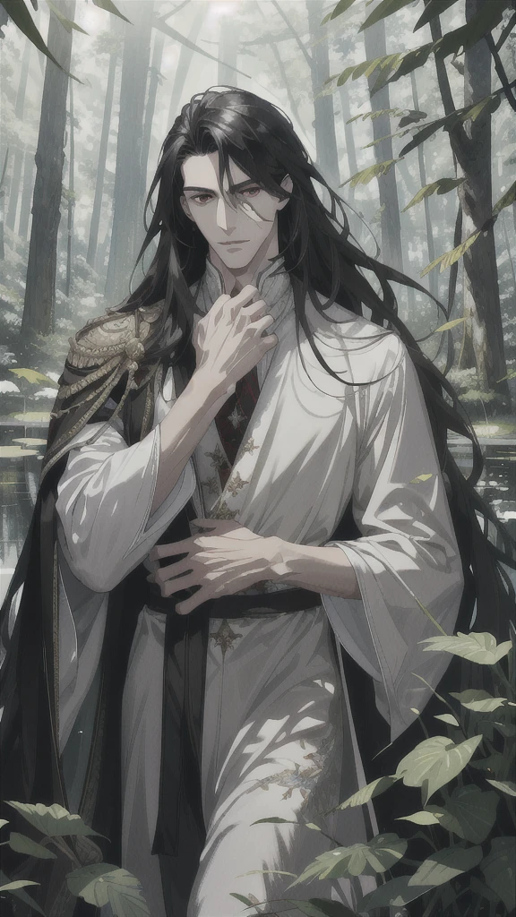 (absurdres, highres, ultra detailed), 1 male, adult, handsome, tall guy, finely detailed eyes and detailed face, black long hair, red eyes, white garments, forest, trees full of greenery, fluttering leaves, pond, natural light and shadow, There are shiny particles flying around the man, fantastic, fairy tale, mysterious, shining sparkle