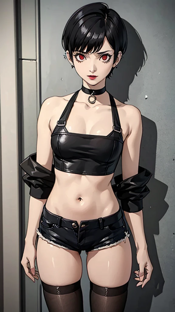 1girl, serious face, red eyes, tomboy Pixie haircut, very Short hair, black hair, black choker, white bandeau, belly, medium breast, extreme micro shorts, stockings, black lipstick, black lipstick ear piercings, cowboy shot