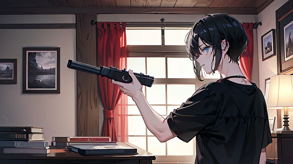 ((Highest quality、8k、masterpiece:1.3))、Dark Room、One Woman、Black Hair、tears、He has a gun