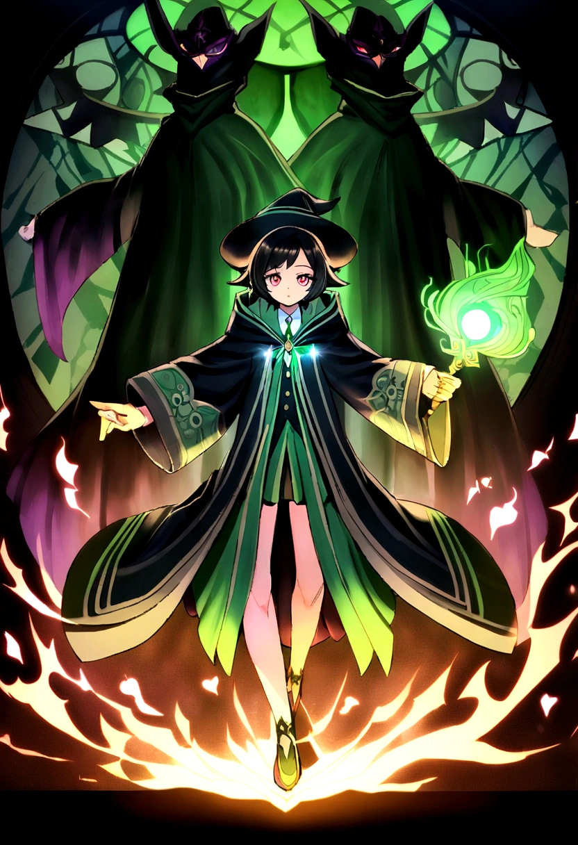a magical girl with healing powers, maroon eyes but cynical and sharp , short black hair like a boy, wearing a black and green magical academic uniform with a wizard's hat and a large wand in her hand, wearing a cool black magic robe with green patterns, baddas, agresif