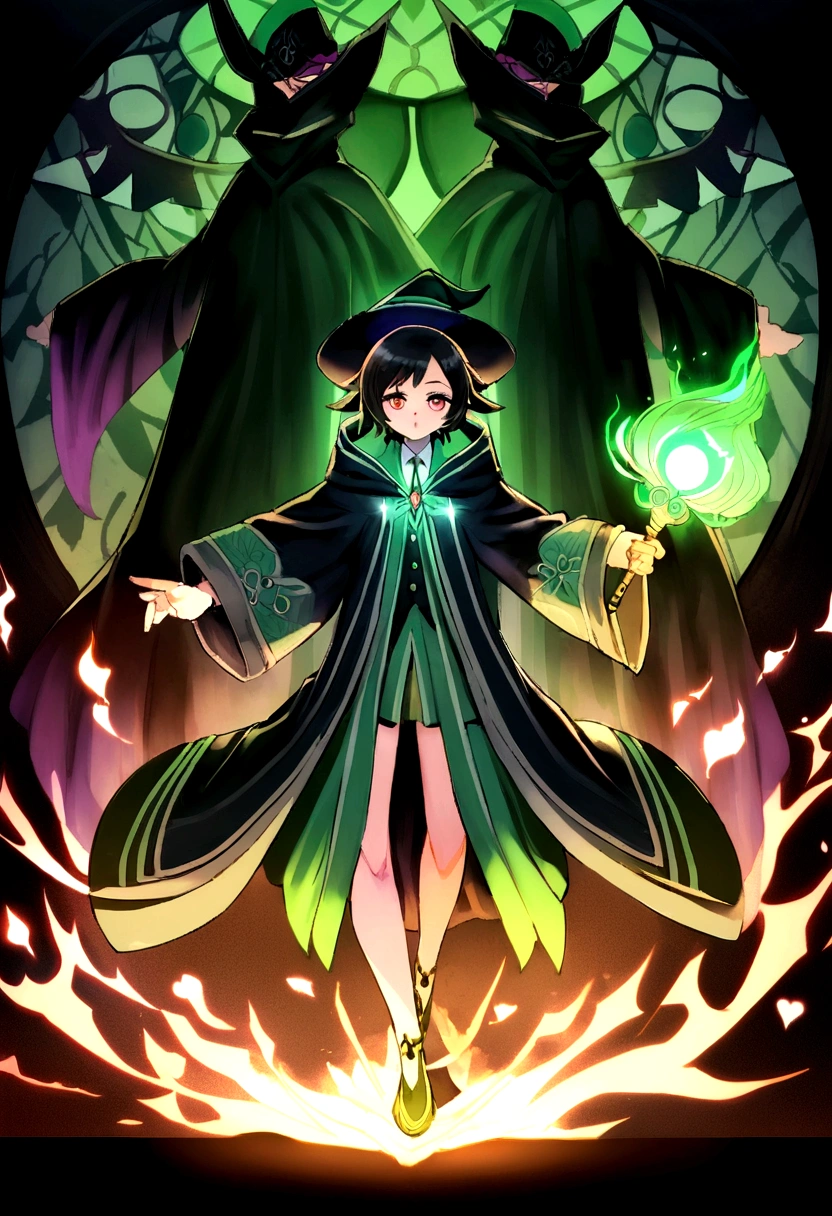 a magical girl with healing powers, maroon eyes but cynical and sharp , short black hair like a boy, wearing a black and green magical academic uniform with a wizard's hat and a large wand in her hand, wearing a cool black magic robe with green patterns, baddas, agresif